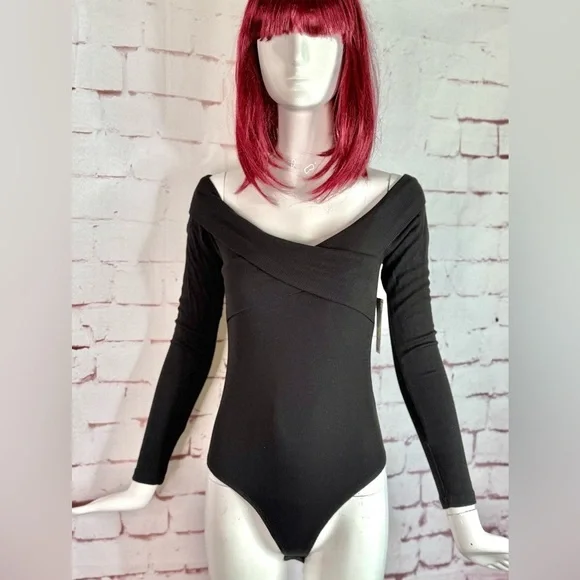MATERIAL GIRL Bodysuit Black Off Shoulder Portrait Neckline Ribbed Stretch M NWT - Picture 9 of 16